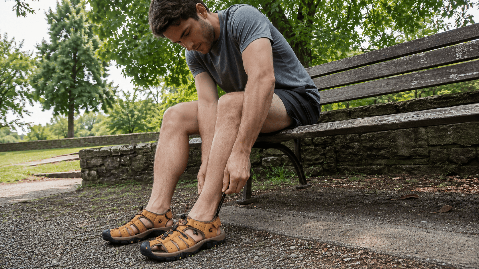 A man adjusting the strap of his STRIDE all-terrain sandal on a park bench