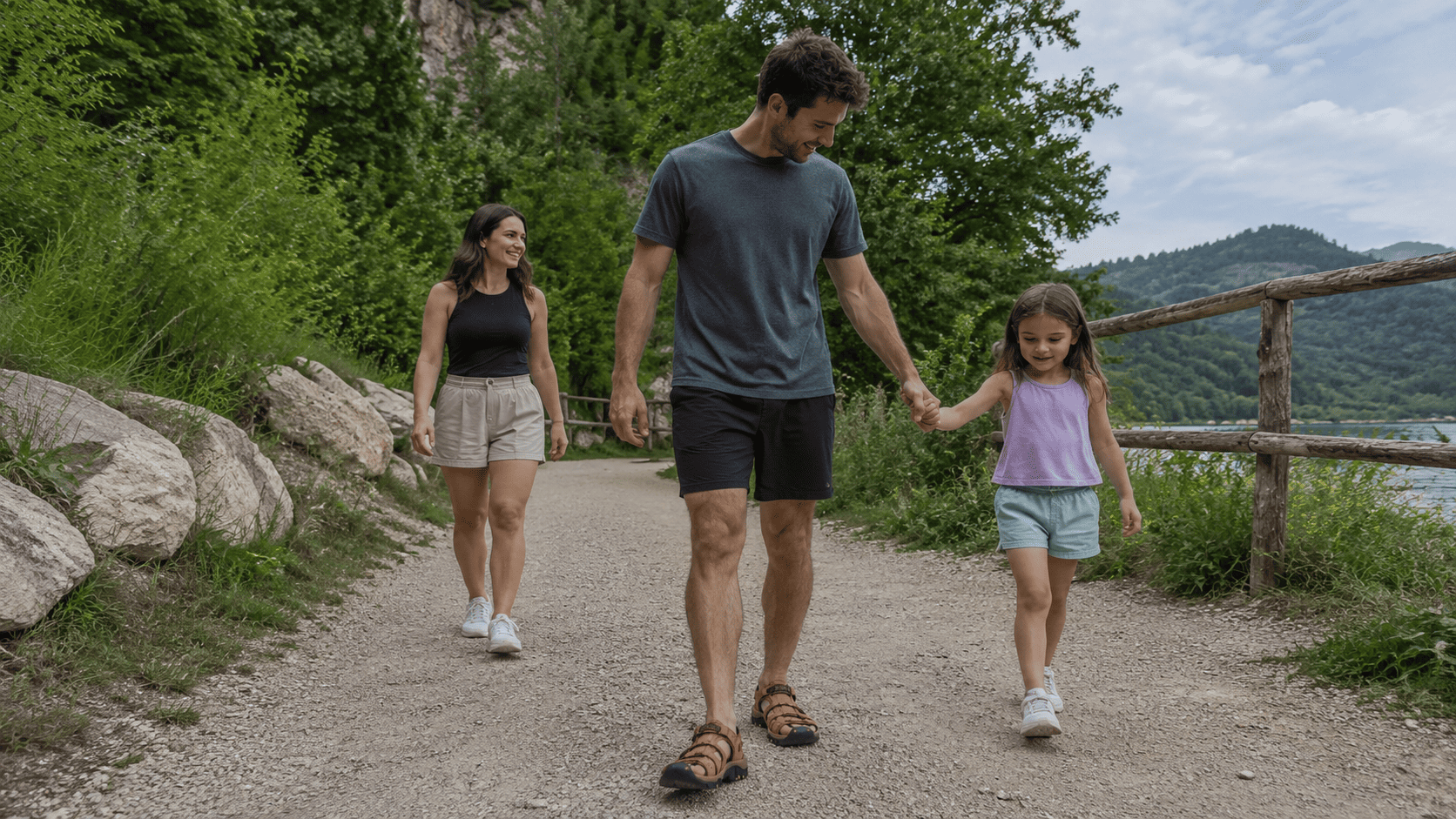 A family walking together along a lakeside trail in summer