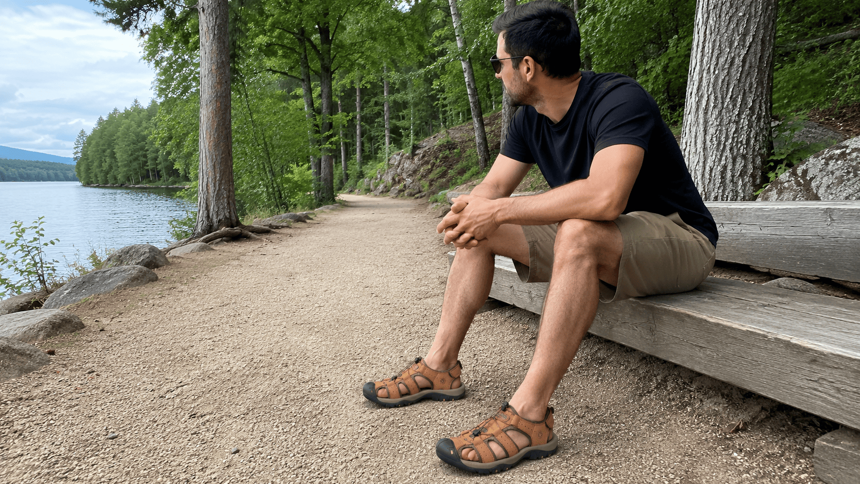 A man resting on a bench by a lake after a long day on his feet in all-terrain sandals