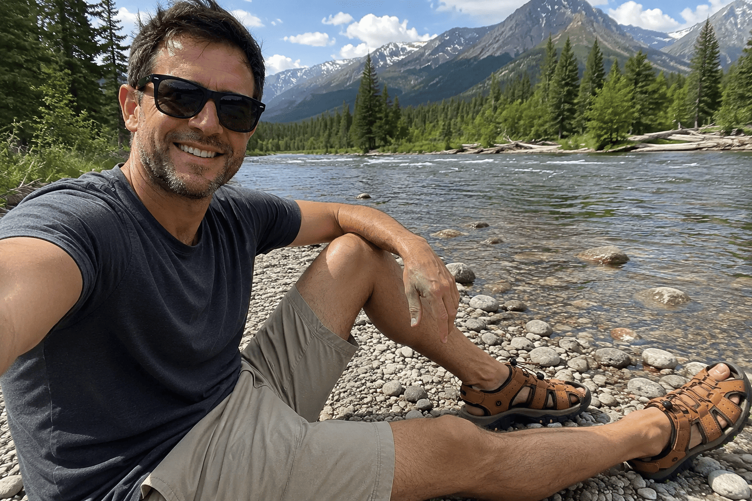 A man by a Montana mountain river wearing all-terrain sandals