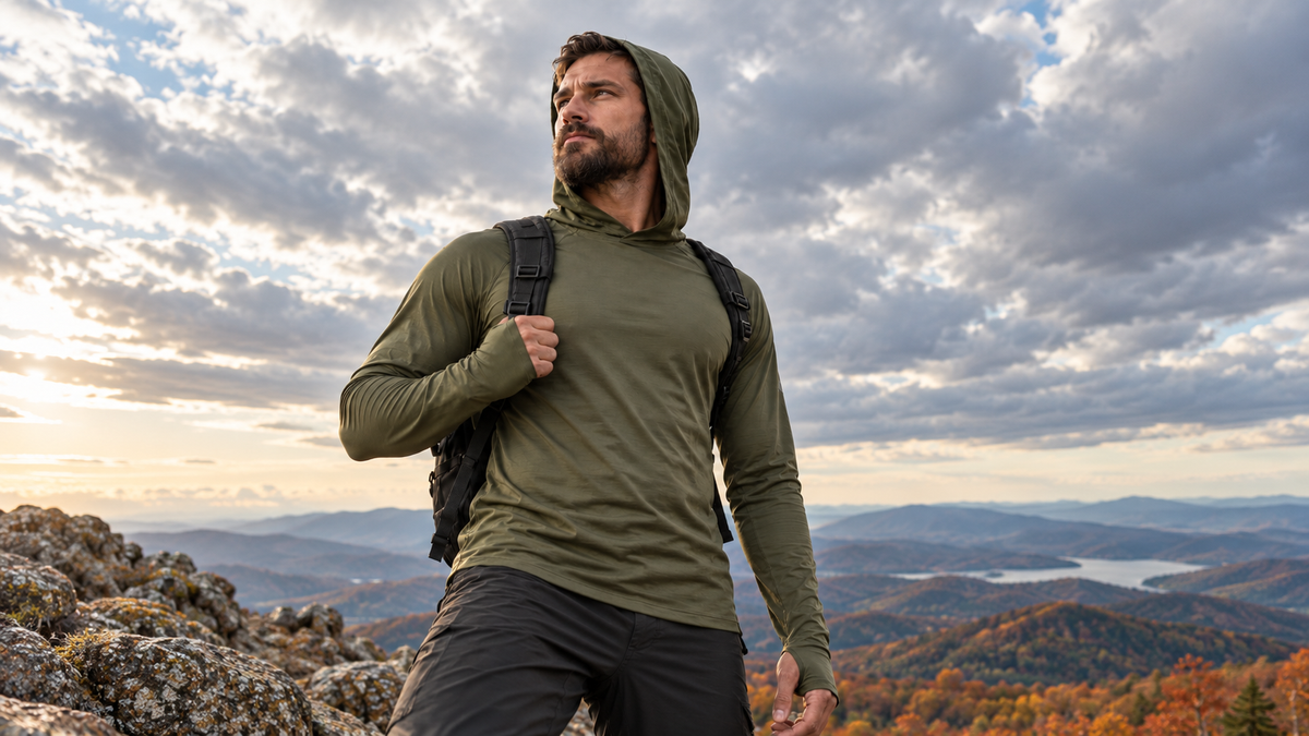 Mountain summit at golden hour in Stride Trail gear